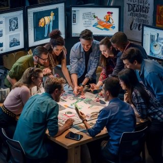 Design team working on digital UI/UX concepts in a studio environment, showcasing the creative process of a web design company in Noida.