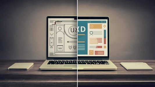 Before and after UX design comparison displayed on a laptop screen, showing modern interface improvements by a web design company in Noida